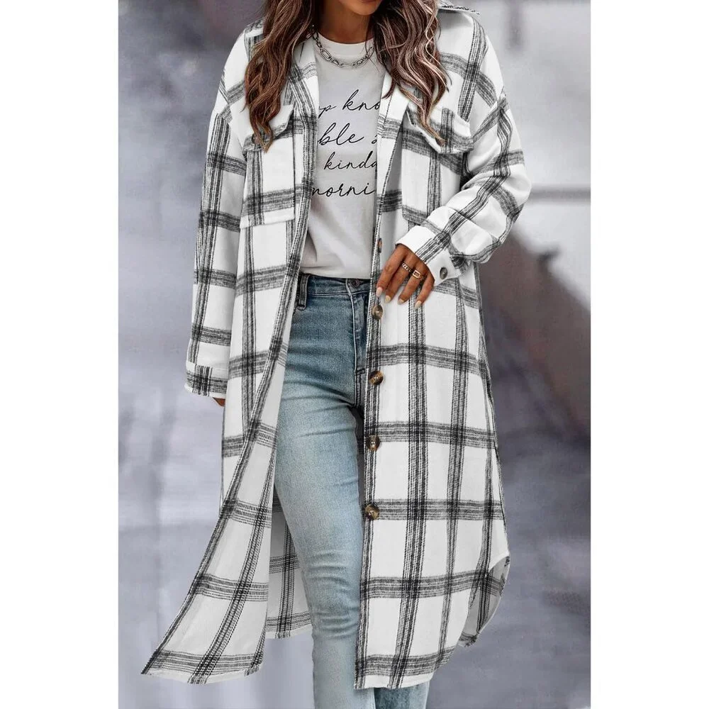Cozy Women's Plaid Shacket - Long Corduroy Flannel Jacket, Perfect for Layering - Picture 2 of 5